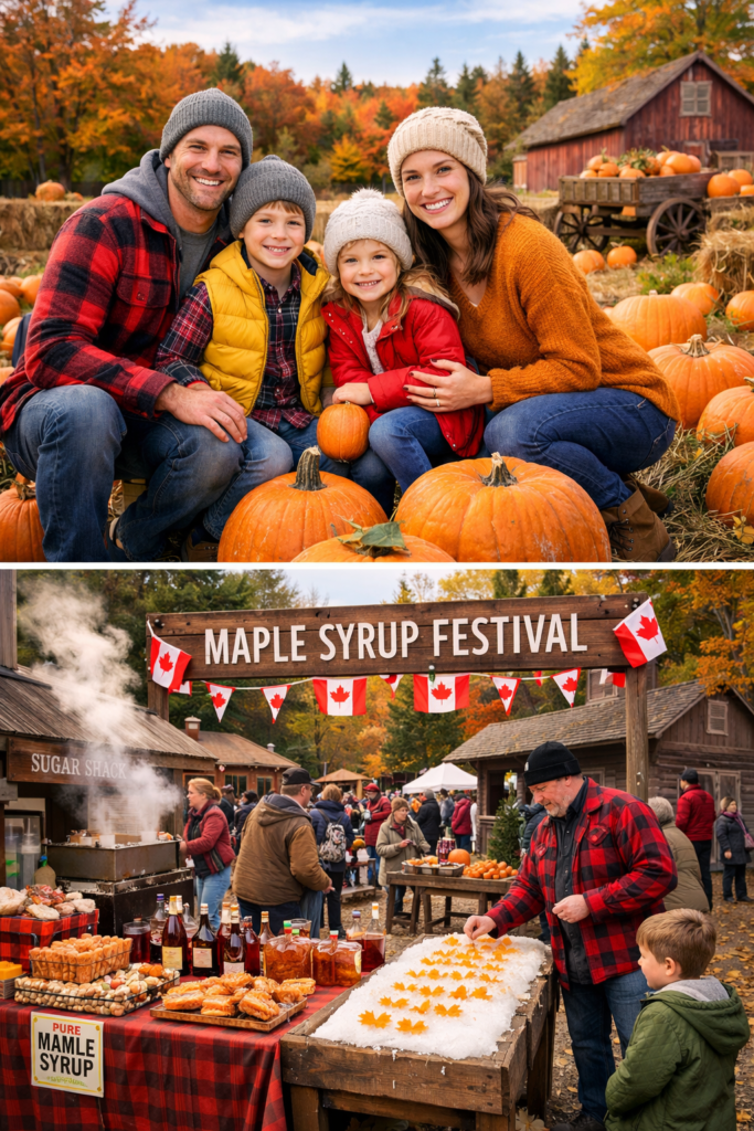 캐나다 가을 축제 펌킨 패치 방문 가족 사진 및 메이플 시럽 축제 전경
